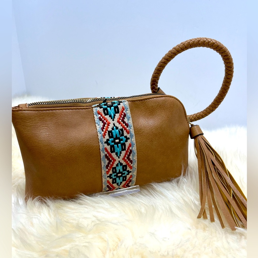 Vegan Leather Braided Wrist Cuff Clutch w Tassel and Woven Cross-stitch Ribbon
